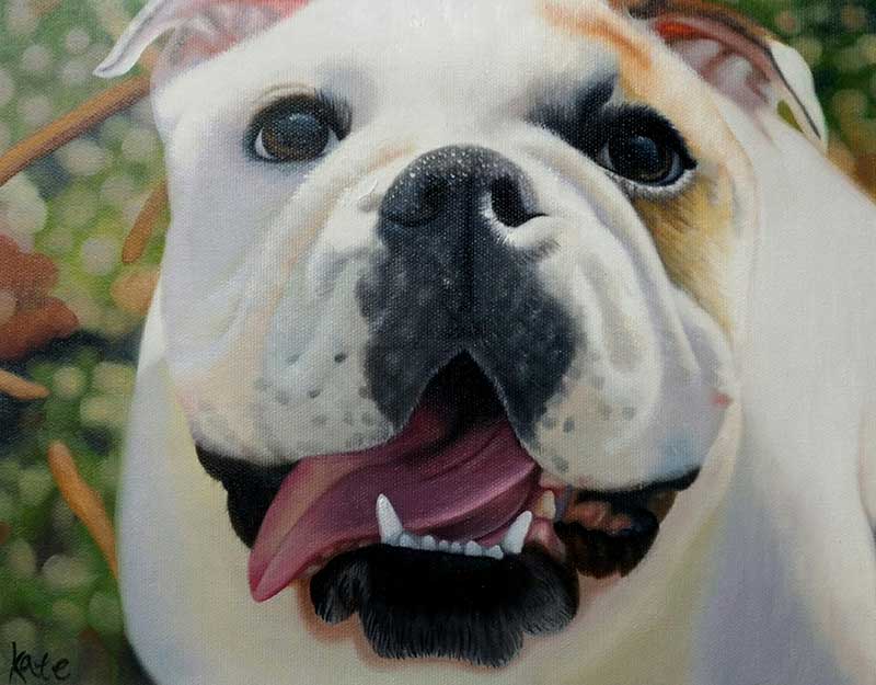 an oil painting of a happy British bulldog smiling