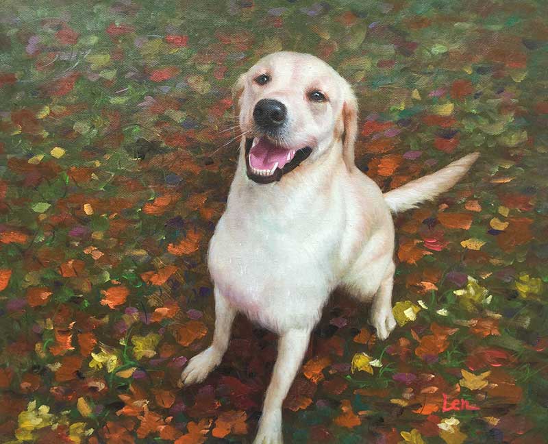 an oil painting of a white labrador on fall leaves happy