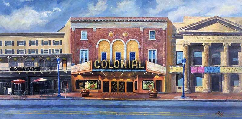 an oil painting of colonial cinema 
