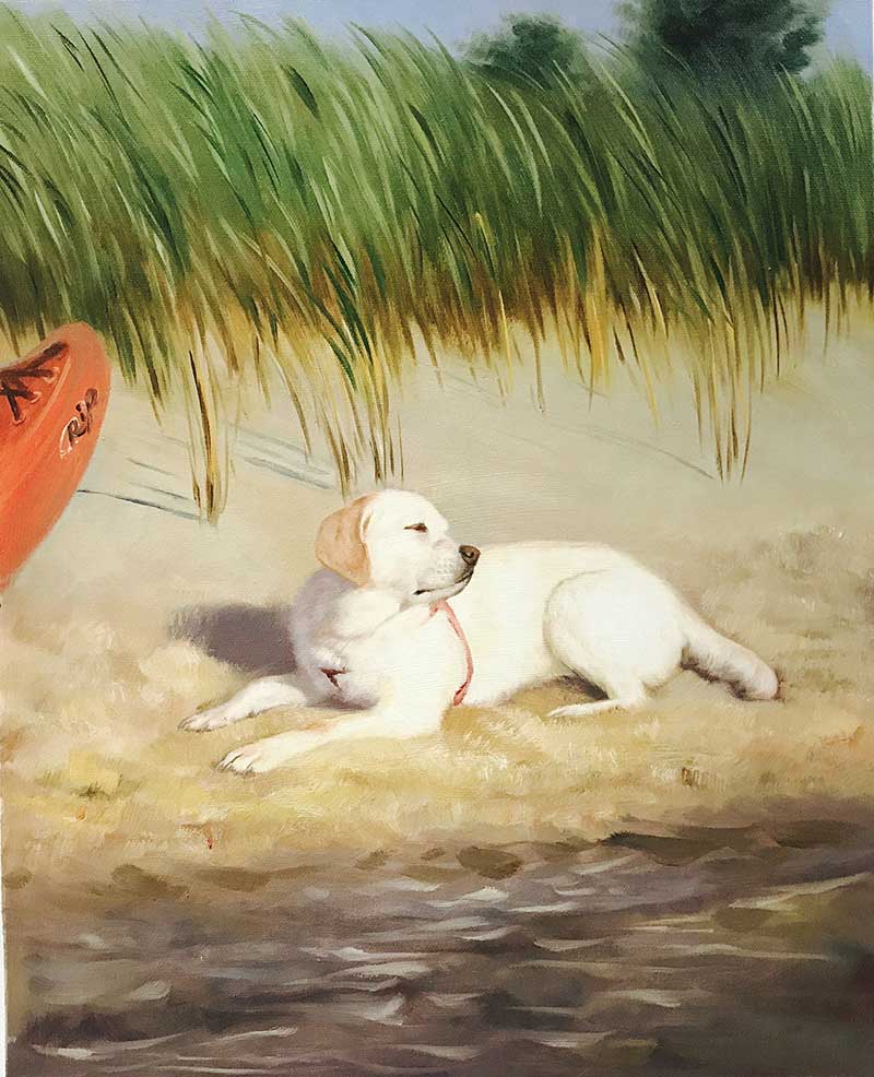 an oil painting of a white labrador sitting on a beach looking at the sun