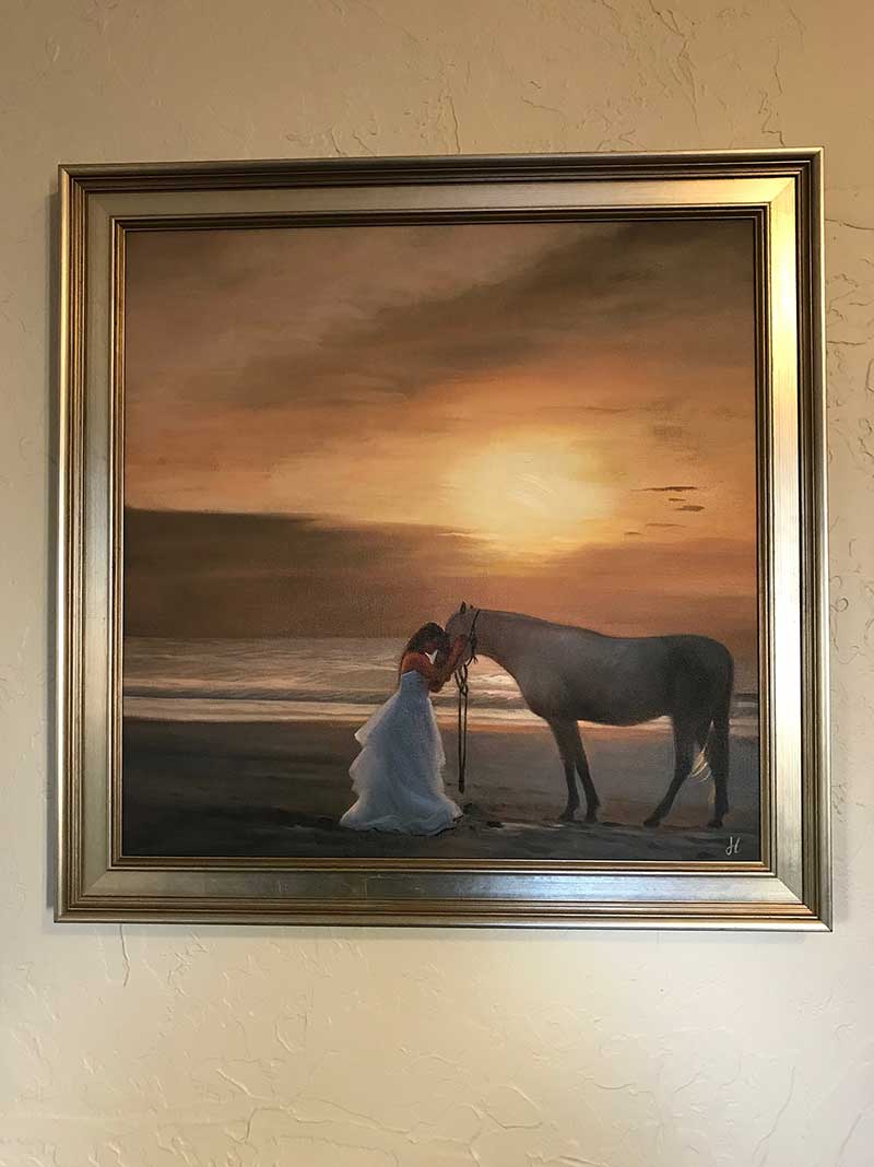 an oil painting of a horse and a woman on the beach dawn sunset