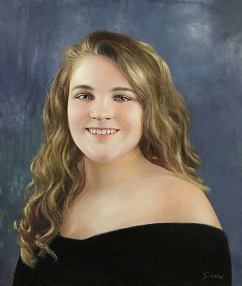an oil painting of a blonde teen against the background