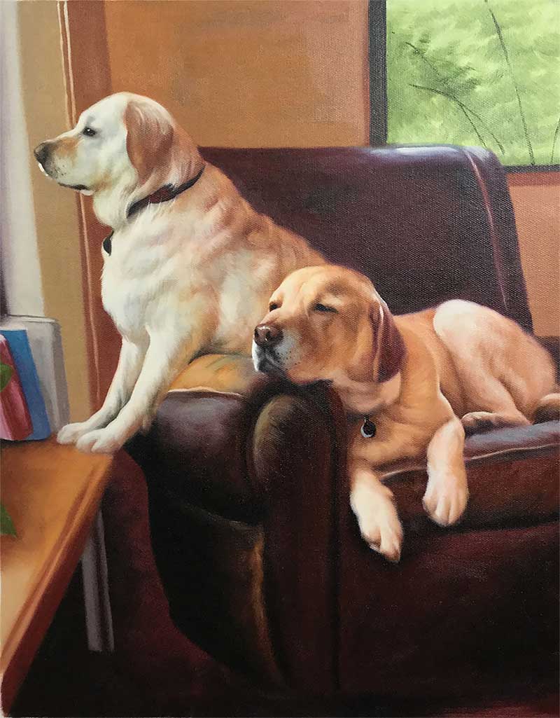 an oil painting of two white labs relaxing in the coach 