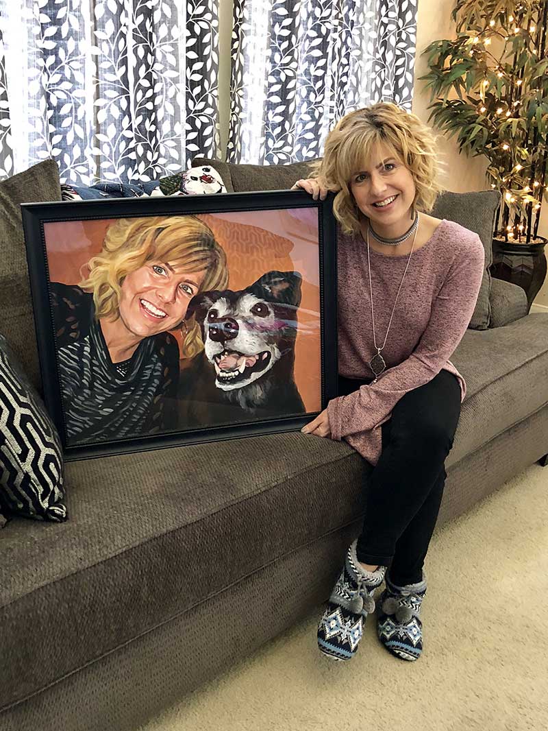 a pastel painting of an owner and her happy dog