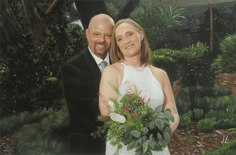 an oil painting of a couple by the garden green