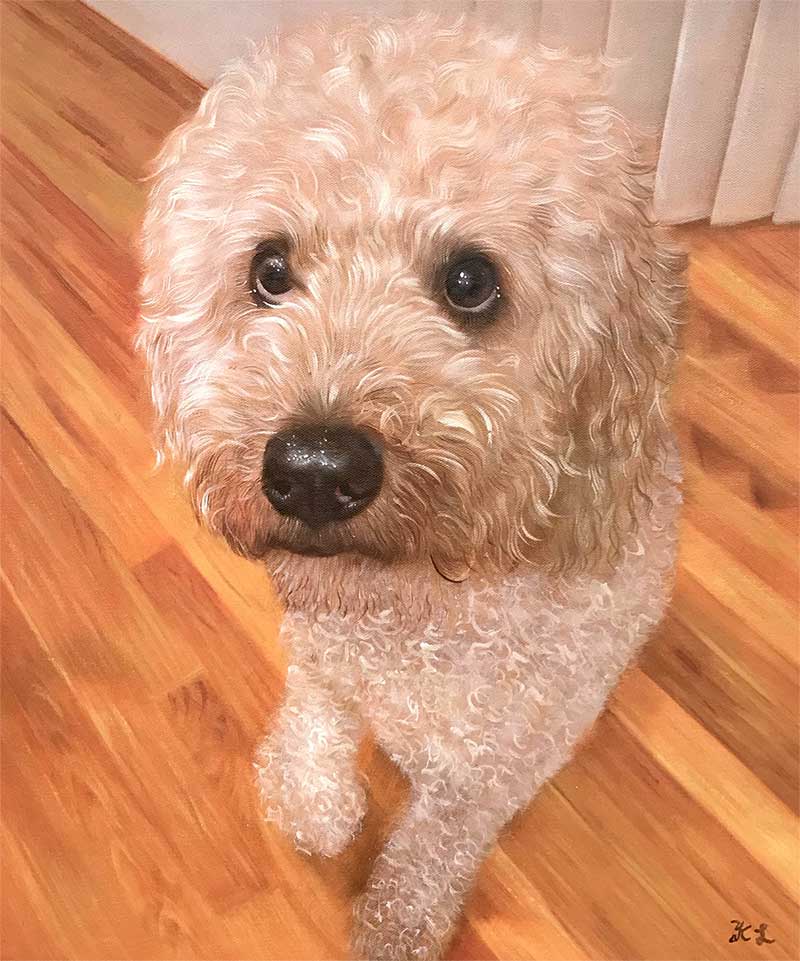 an oil painting of a white curly haired dog 