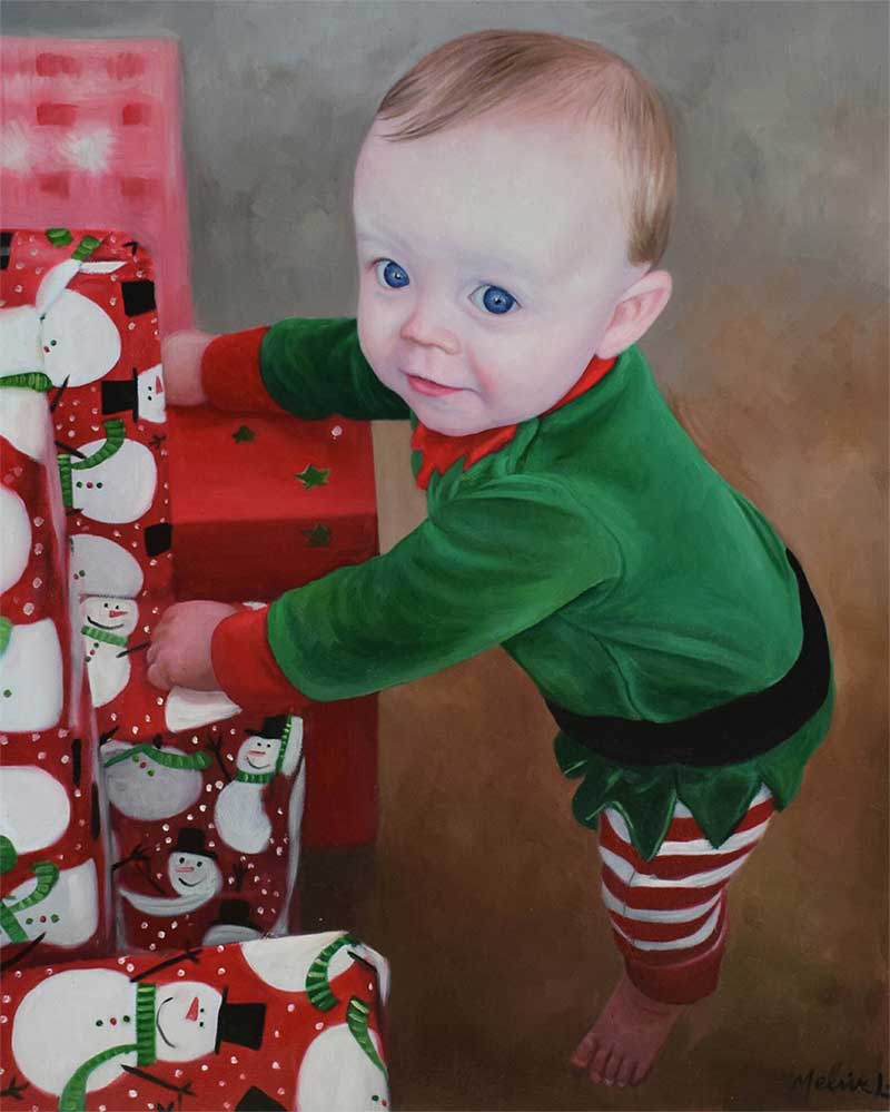 an oil painting of a blue eyed child dressed in green elf suit christmas 