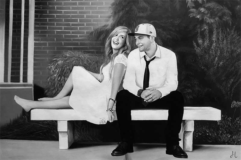 an oil painting of a couple on the bench black and white 
