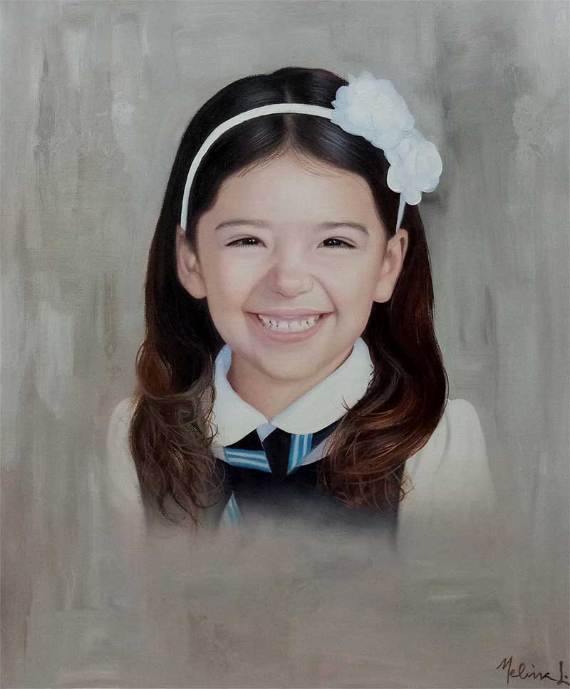 an oil painting of a child school portrait uniform smile