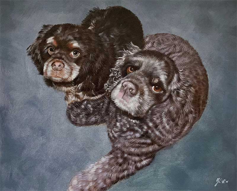 an oil painting of two cocker spaniels laying on a floor with blue background 