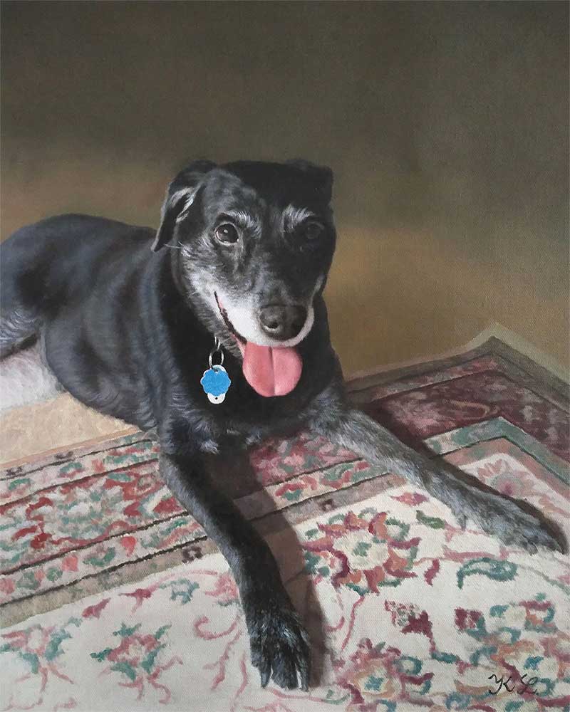 an oil painting of a black dog laying on the carpet 