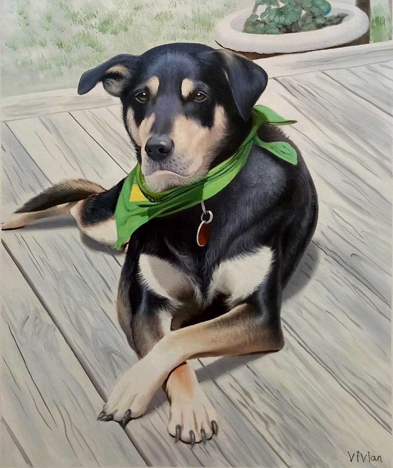 an oil painting of a dark black dog with green bandana