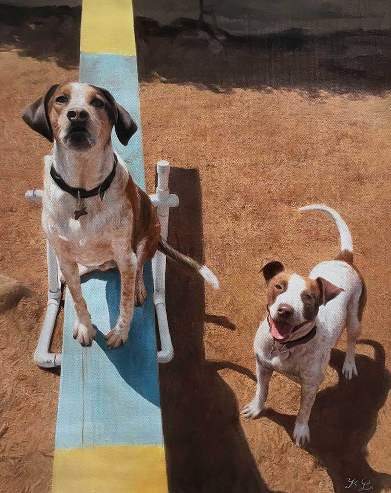 an oil painting of a two dogs in the park happy
