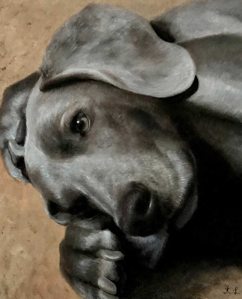 an oil painting of a dog laying on the ground black dark 
