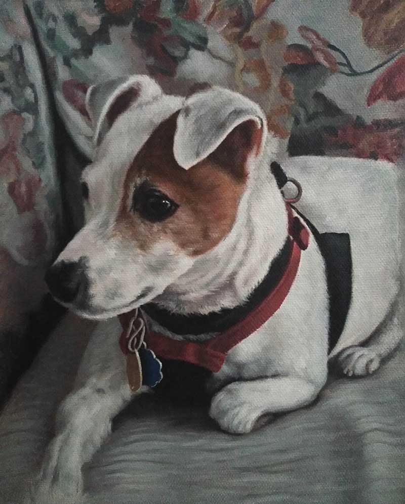 white brown dog oil painting portrait couch