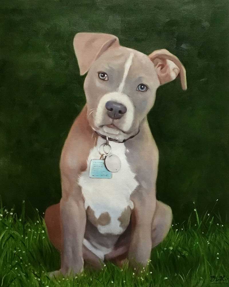 an oil painting of pitbull puppy with blue eyes in green grass