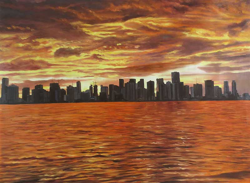 a beautiful  landscape oil painting of new york dusk noon orange 