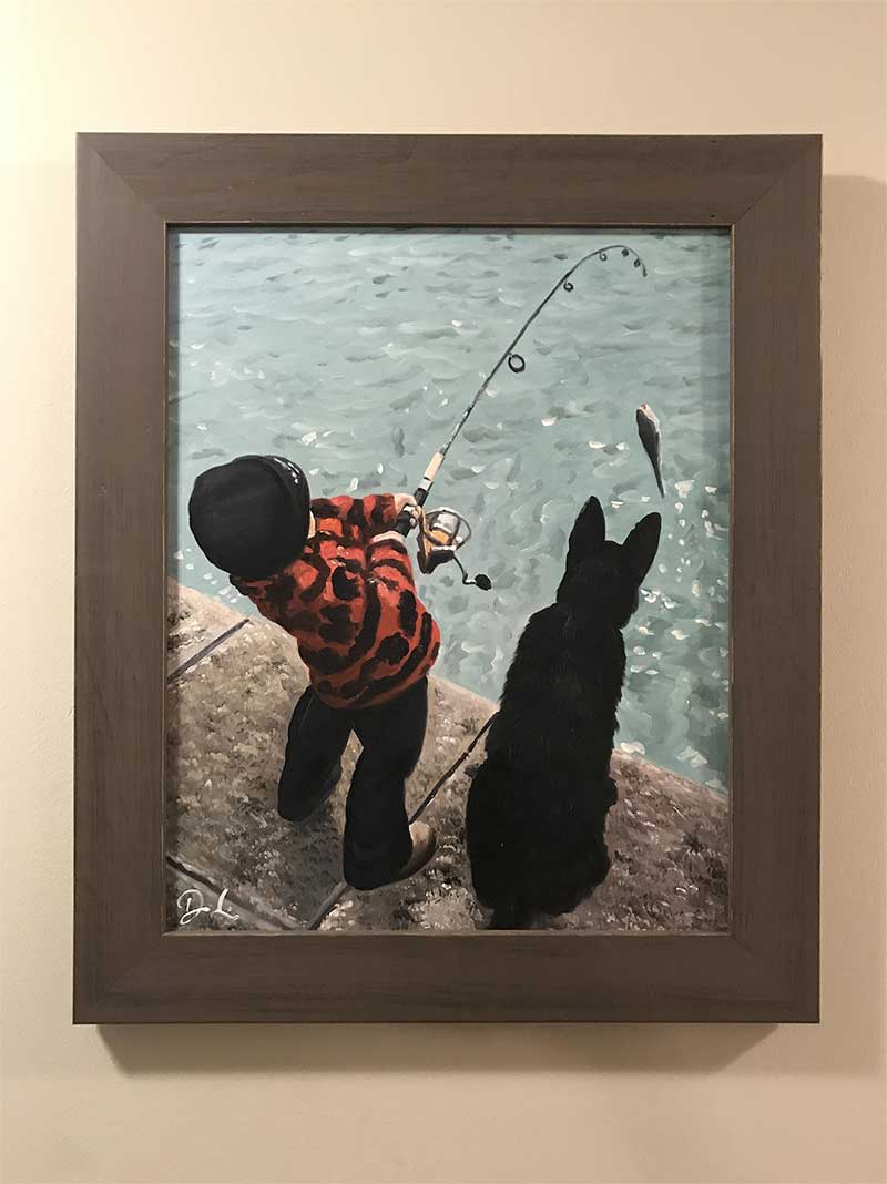 an oil painting of a boy and a dog by the pool fishing 