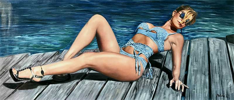 an oil painting of a woman posing by the docks