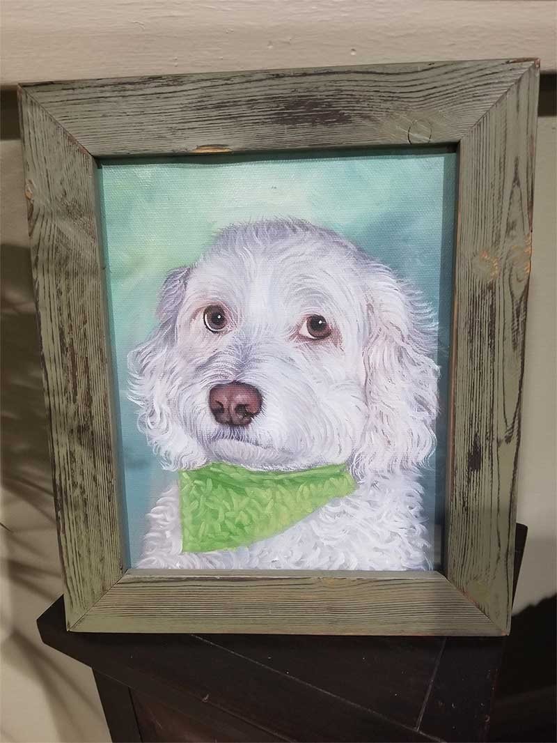 an oil painting of a little white dog with a green bandana 