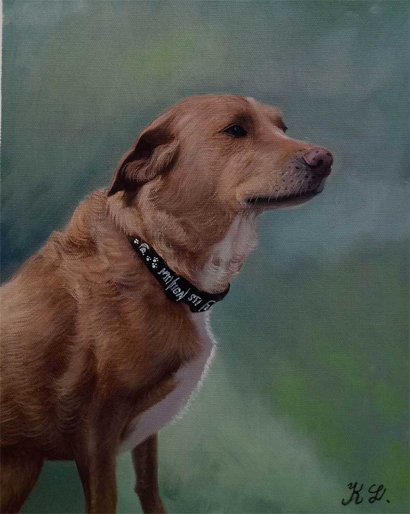 an oil painting of a brown dog in a profile 