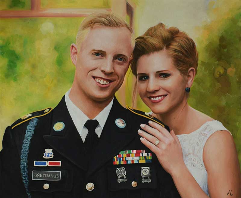 An oil painting of a wedding marine soldier bride greenery