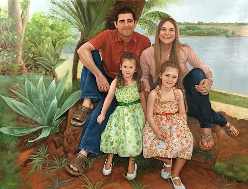 a custom oil painting of family outdoors