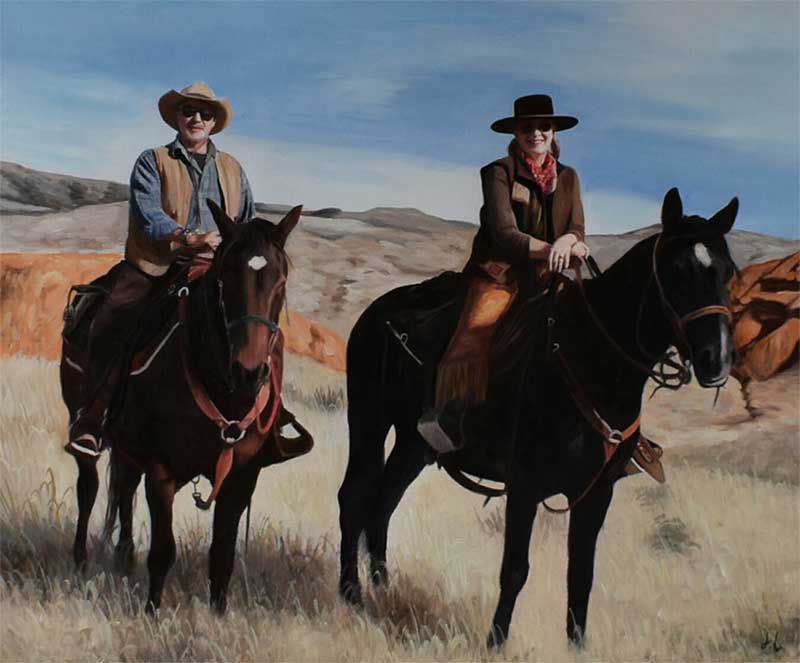 an oil painting of two horse riders in the field 
