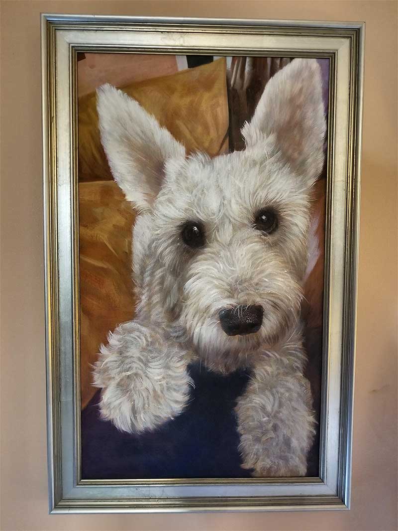 an oil painting of a little white dog 