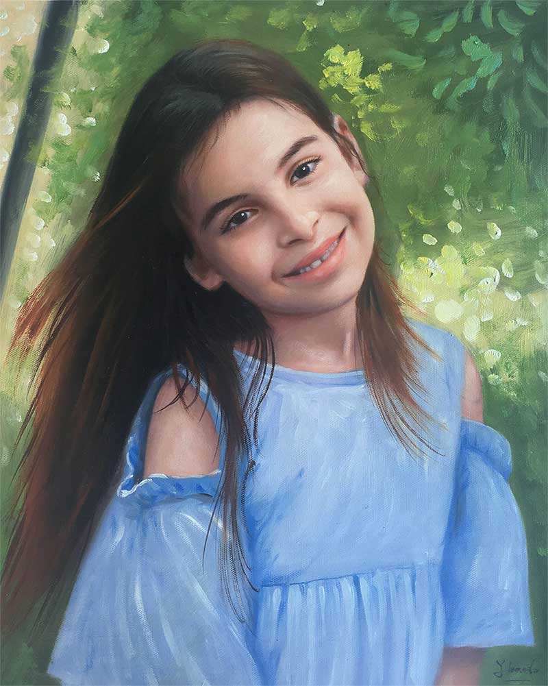 an oil painting of a child with brown hair green background 