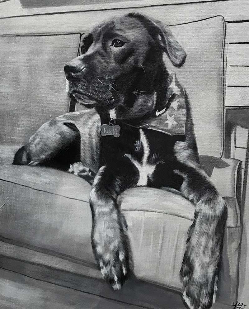 an oil painting of a dog on a couch black and white 