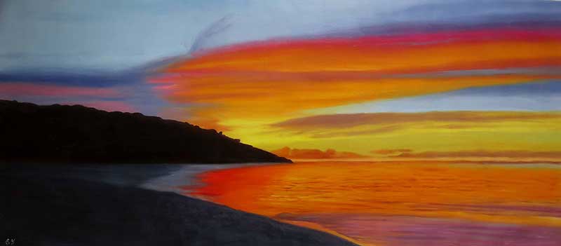 an oil painting of a beautiful landscape orange blue yellow sun 