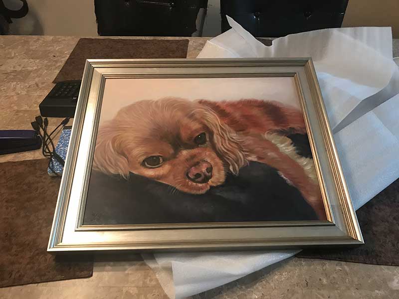 an oil painting of a brown little dog memorial