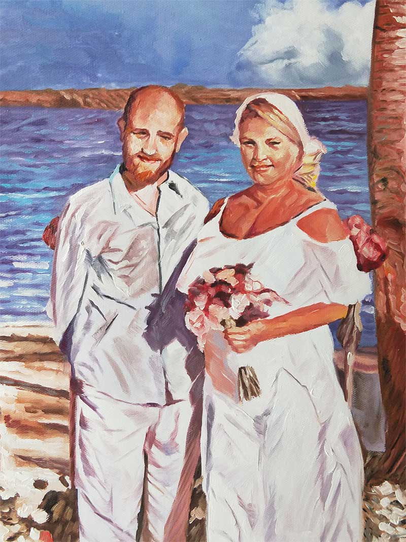an oil painting of a couple by the beach wedding art style 