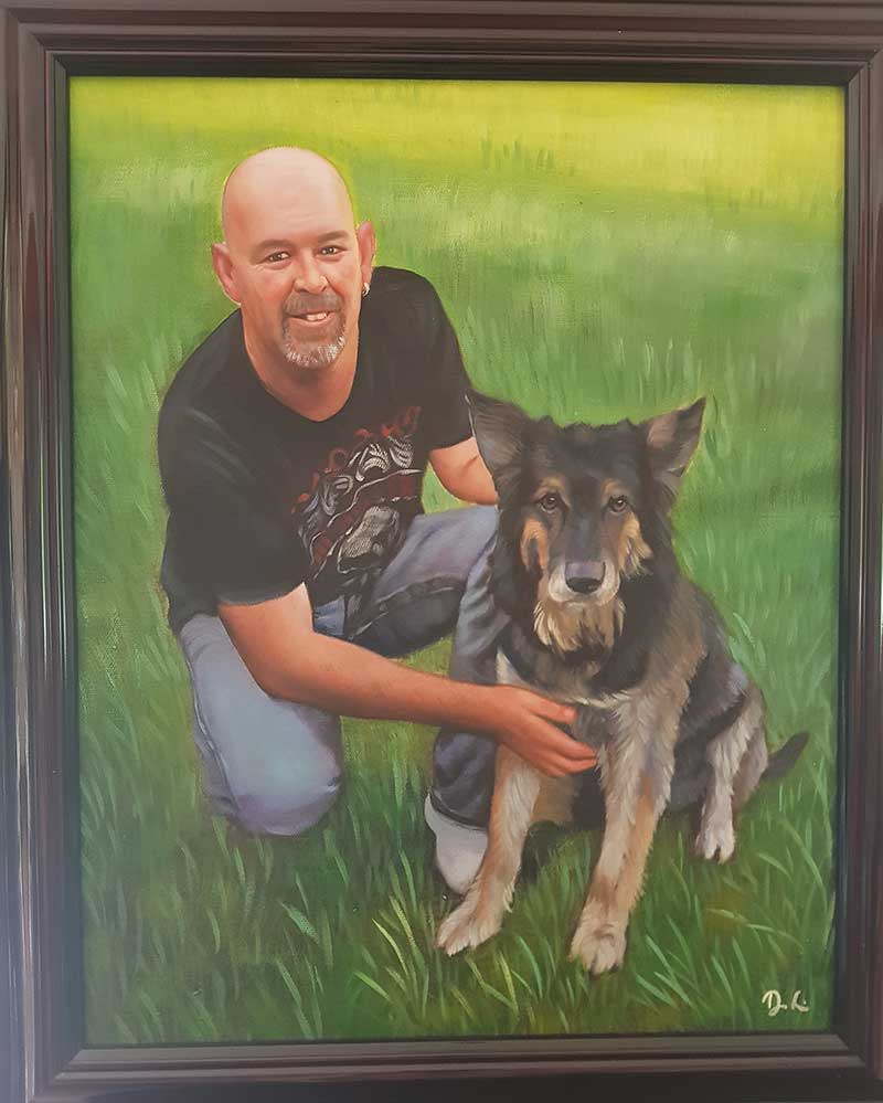an oil painting of a man with his beloved best friend dog