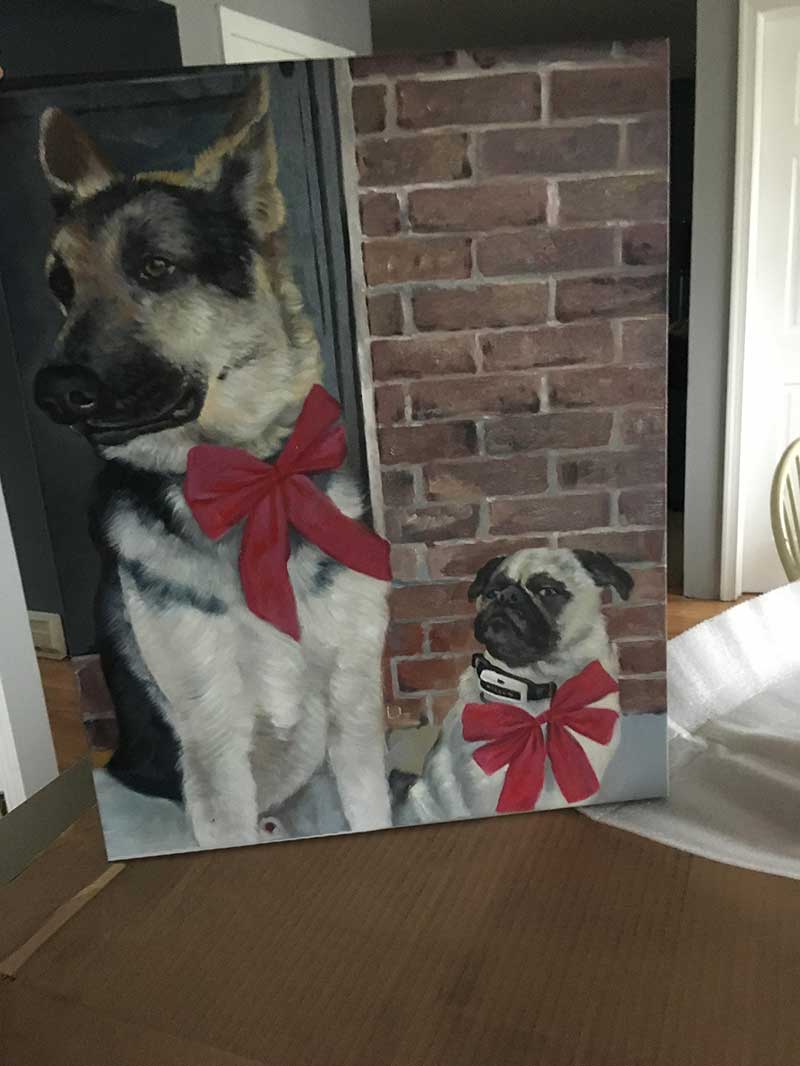 Painting of a German Shepherd and Pug wearing red bows.