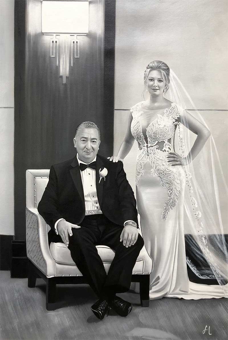a black and white oil painting of a couple wedding portrait 