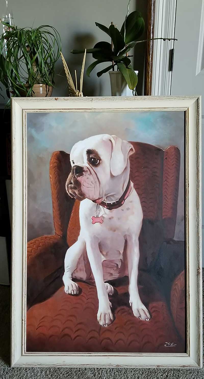 an oil painting of a bulldog on a red chair 