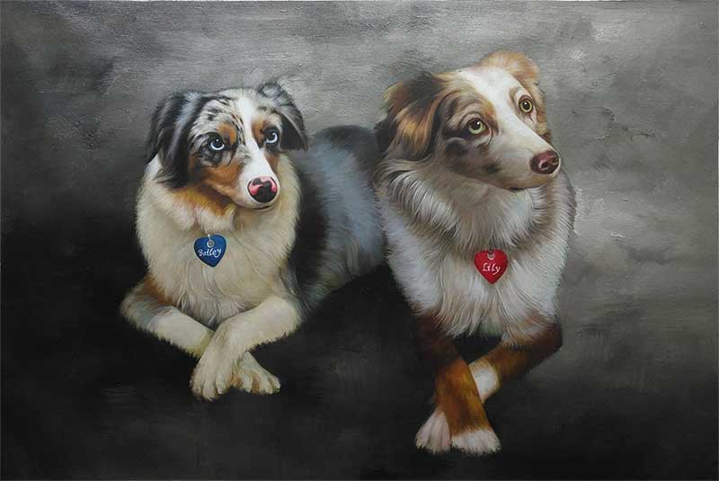 an oil painting of two dogs with black background