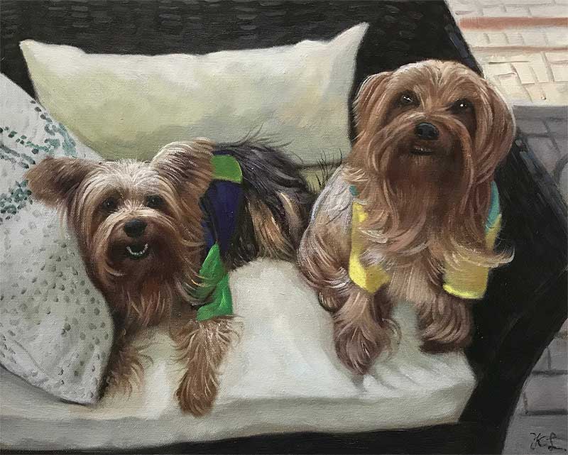 an oil painting of two  dogs on a sofa