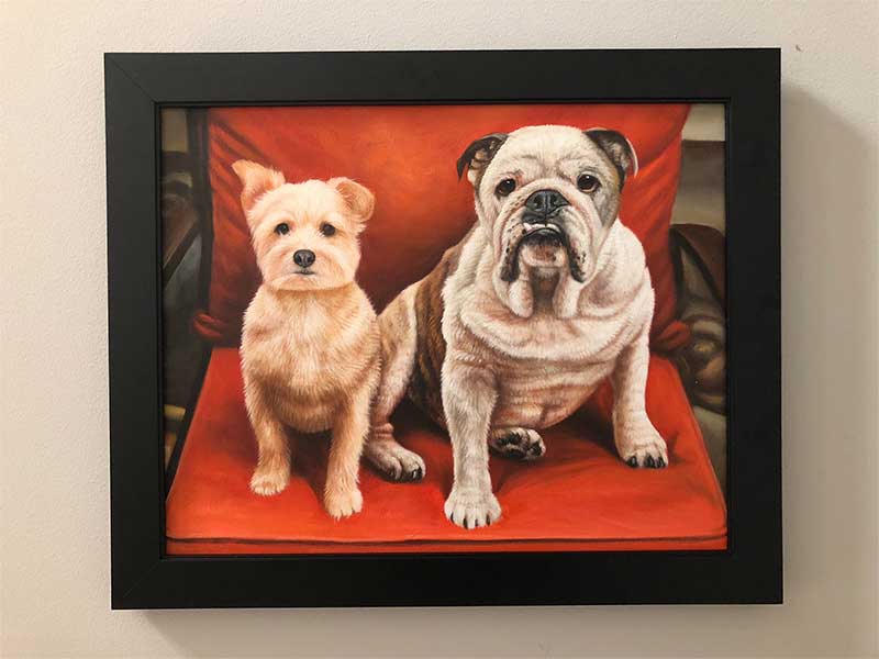 an oil painting of two friends bulldog