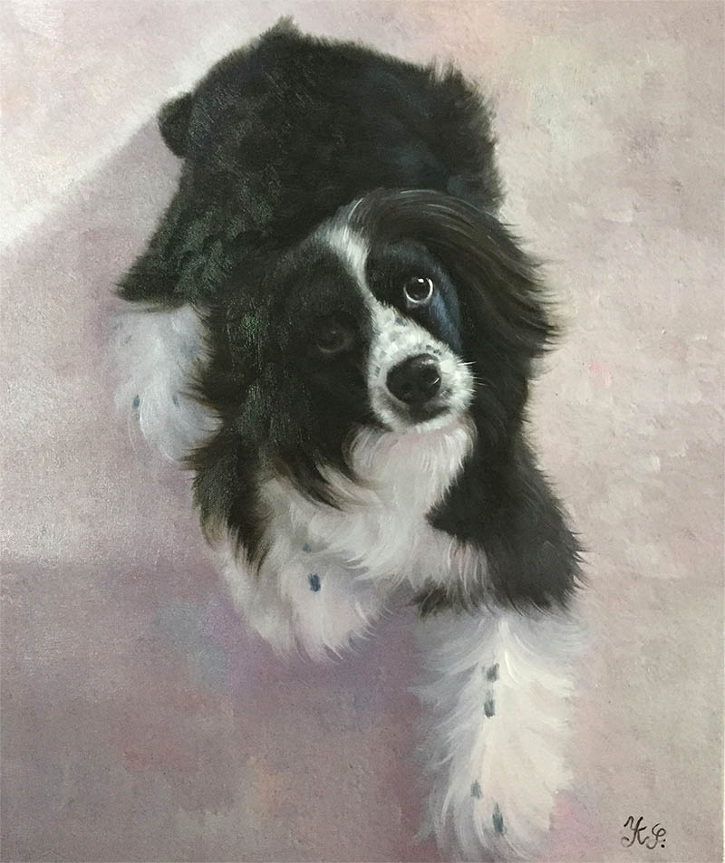 an oil painting of a small black and white dog