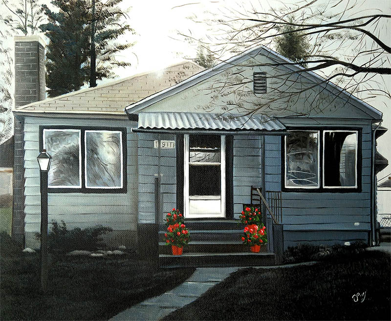 an oil painting of a house with white flowers 