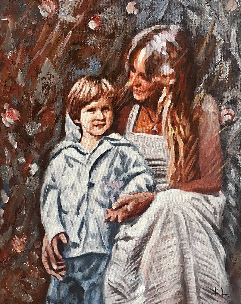 an oil painting in art style family mother and son
