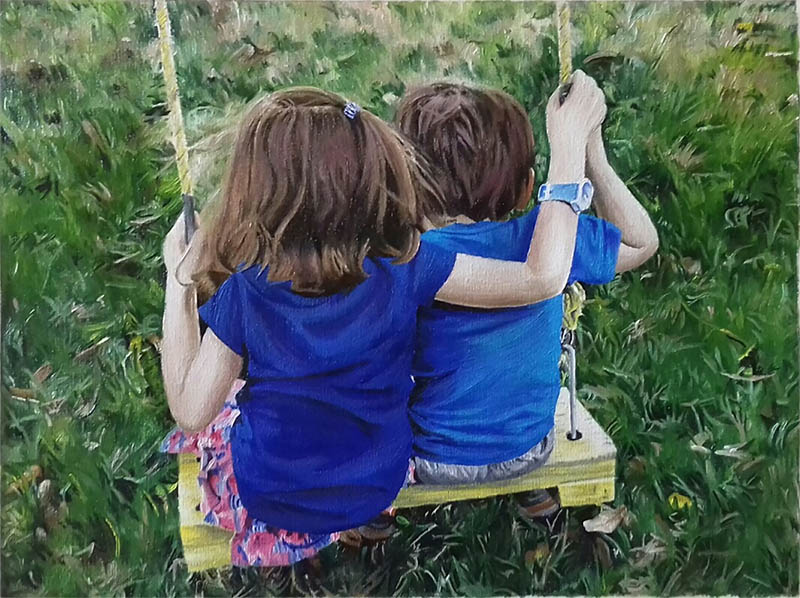 an oil painting of two children on a swing blue shirt green grass