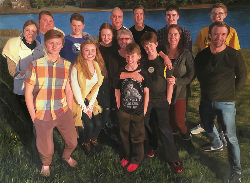 an oil painting of a big happy family by the lake