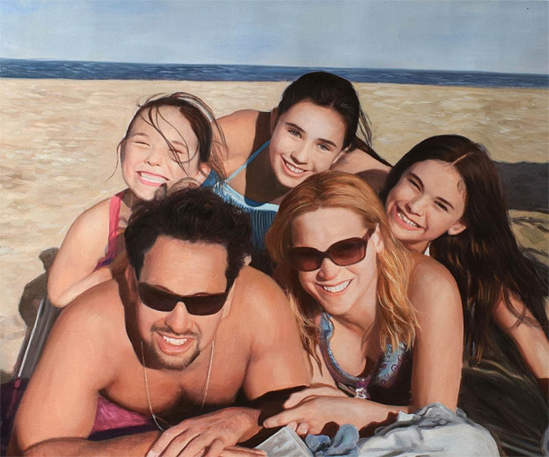 an oil painting of a family on a beach