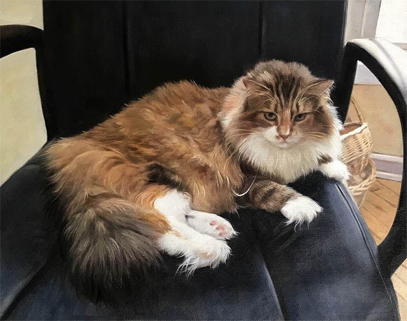 an oil painting of a fluffy cat on a chair