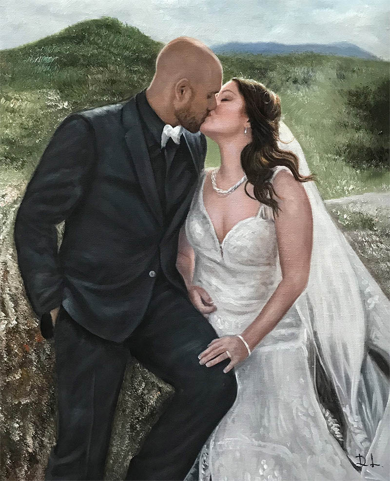 Painting of a bride and groom kissing, outdoors with hills in the background.