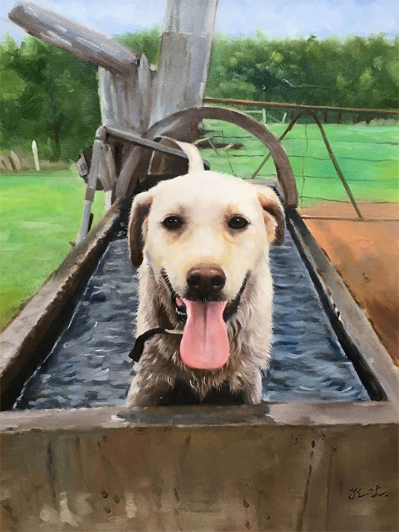 Painting of a happy yellow Labrador Retriever in a water trough on a farm.